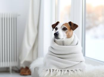 Een hondje, in een deken gewikkeld, zit bij de verwarming